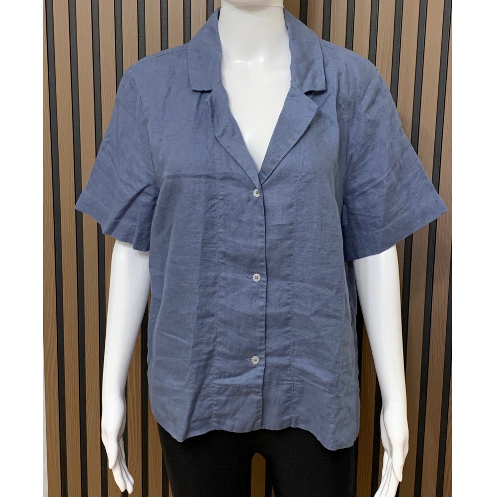 Quince 100% European Linen Short Sleeve Button Down Shirt Blue Large